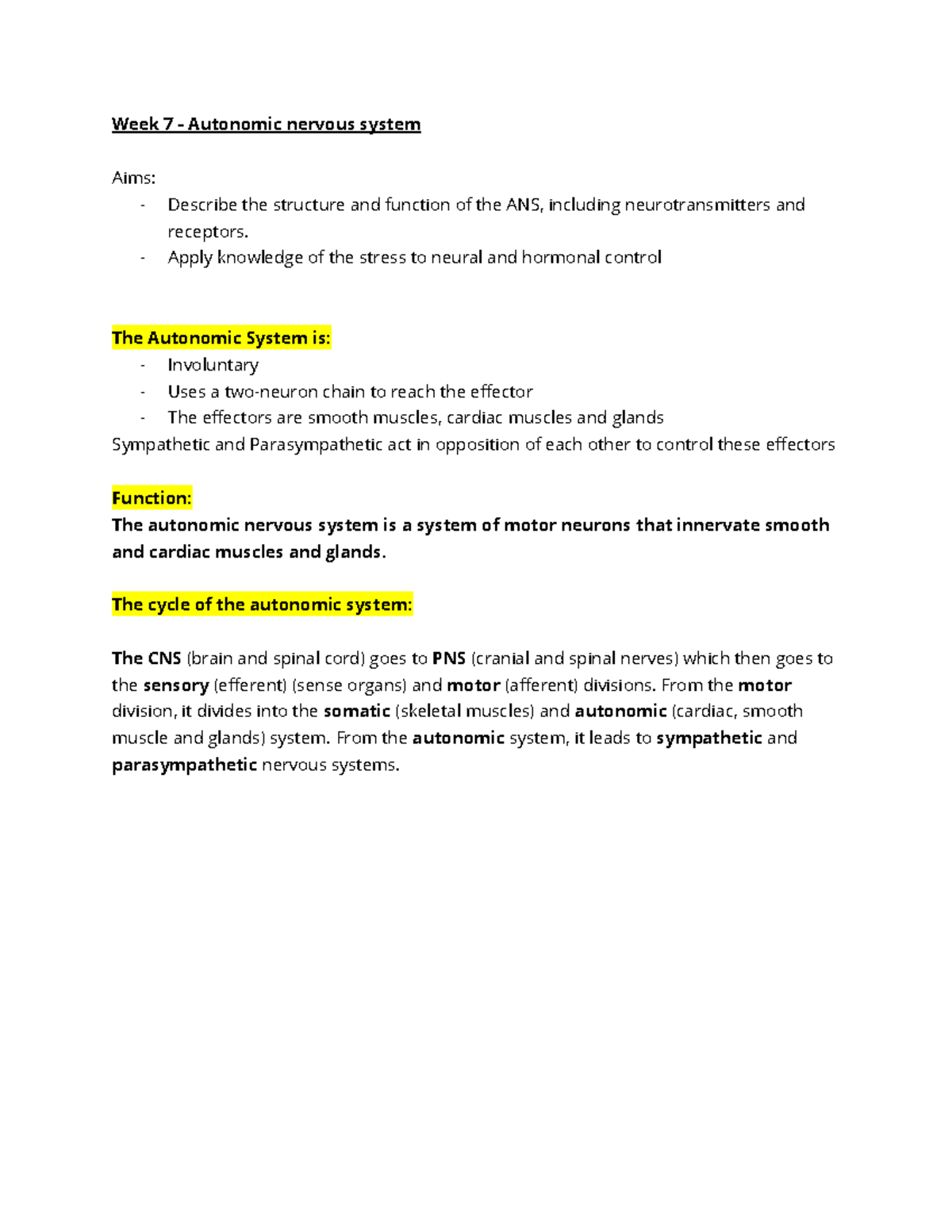 HAP 2 (Week 7) - Autonomic nervous system - Week 7 - Autonomic nervous ...