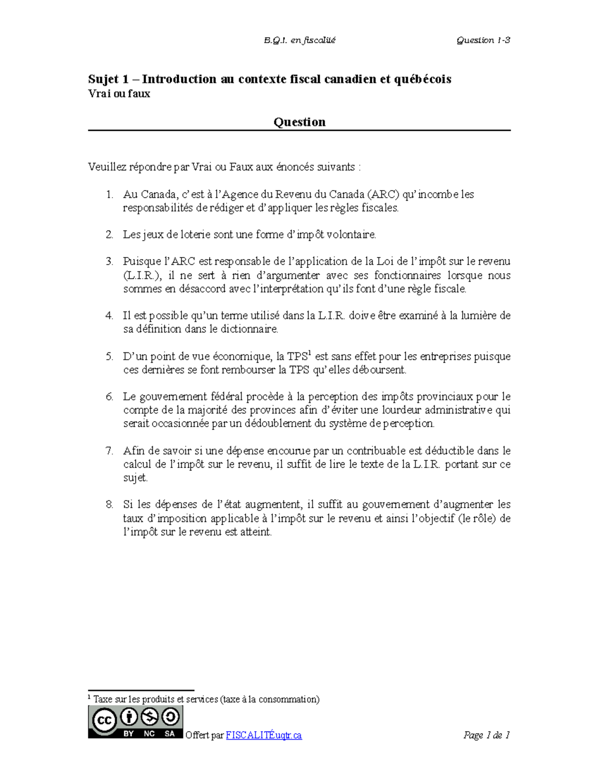 Question 1-3 - B.Q. En Fiscalité Question 1-3 Sujet 1 – Introduction Au ...