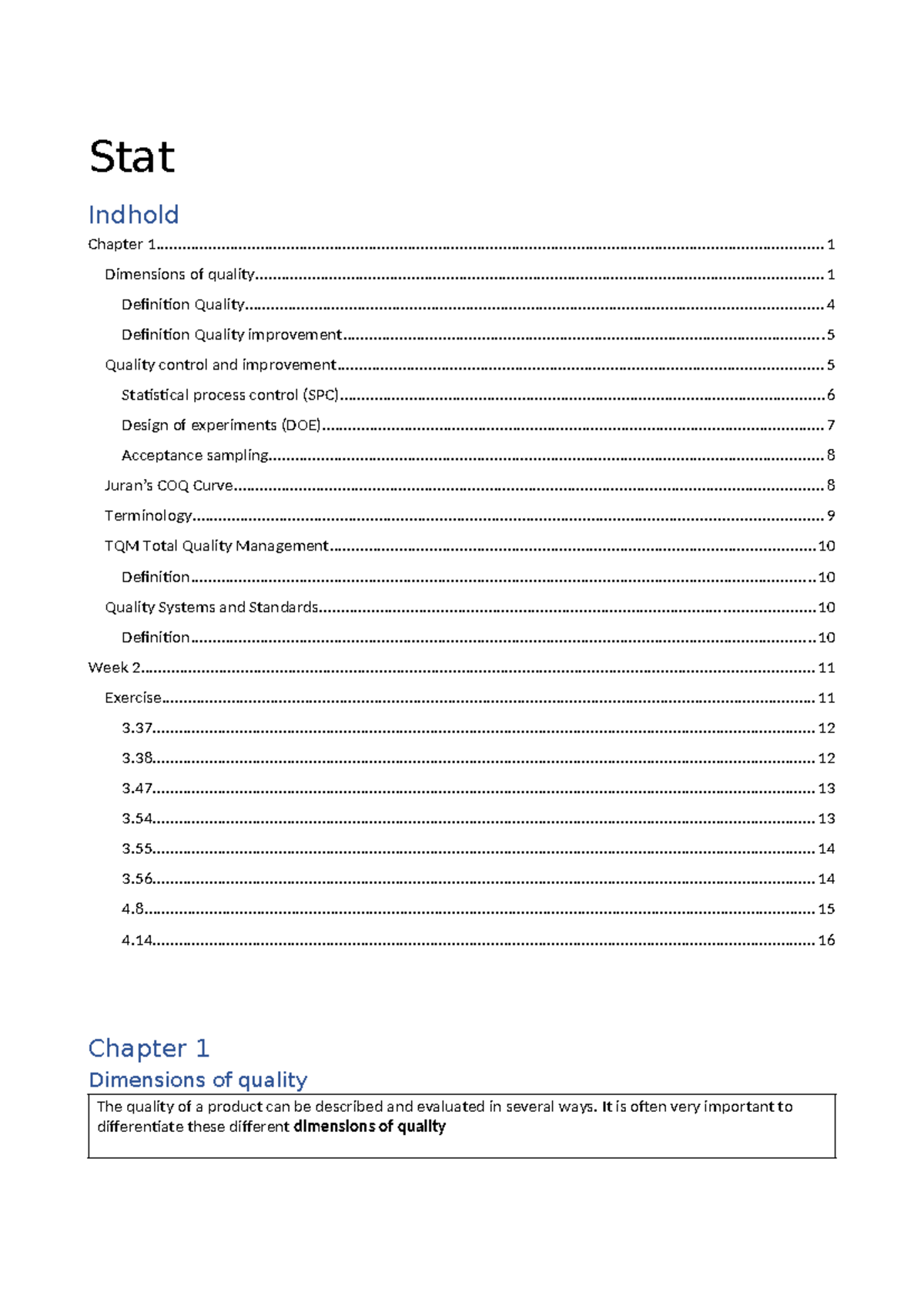 Stat and quality control noter - Stat Dimensions of quality The quality ...