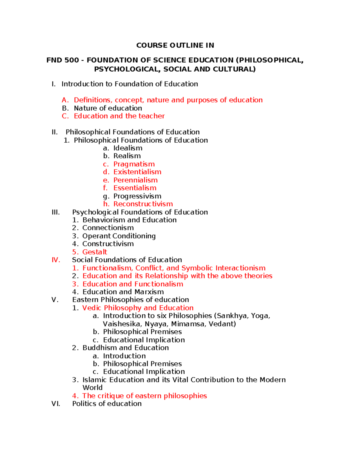Course Outline IN foundation of education - COURSE OUTLINE IN FND 500 ...