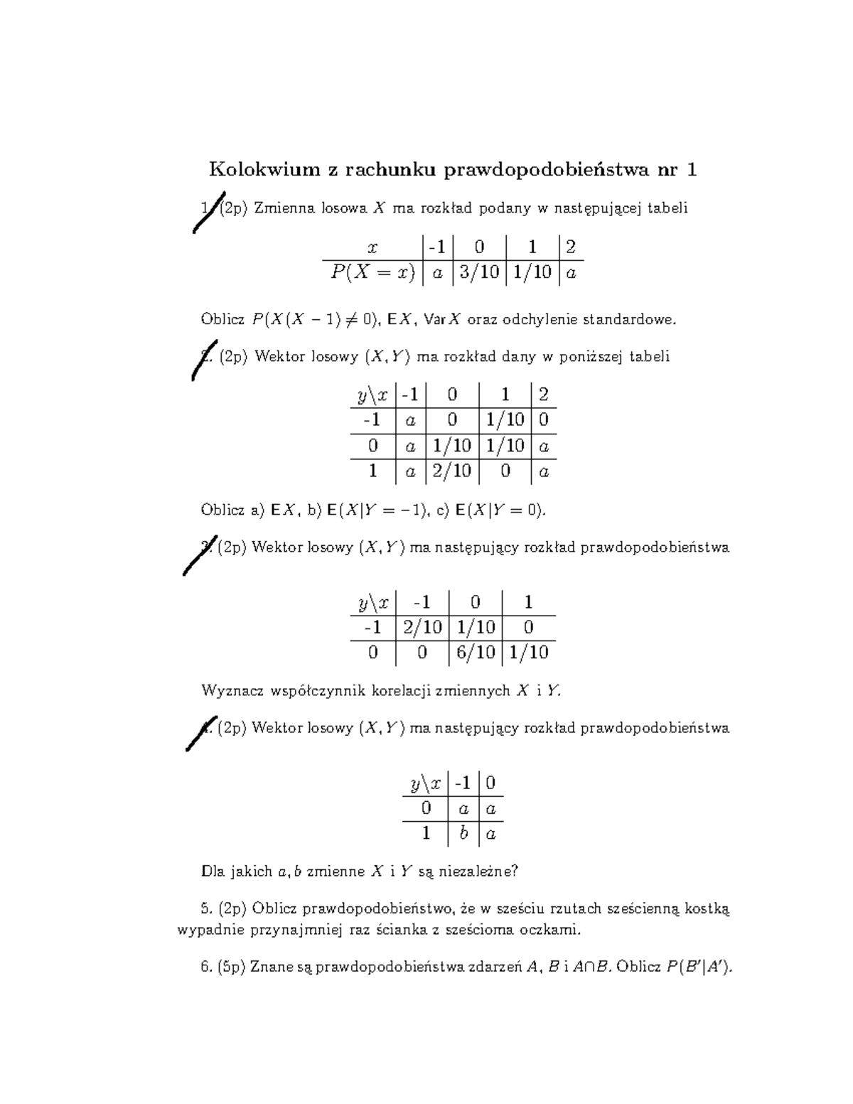 Kolokwium z rachunku p stwa - Kolokwium z rachunku prawdopodobieństwa