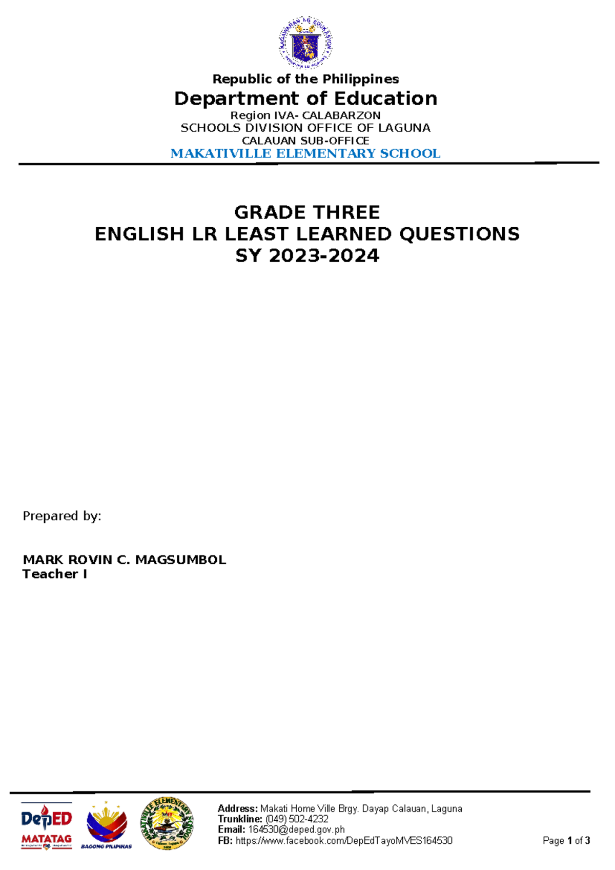 Grade 3 English LR least Learned Question - Republic of the Philippines ...
