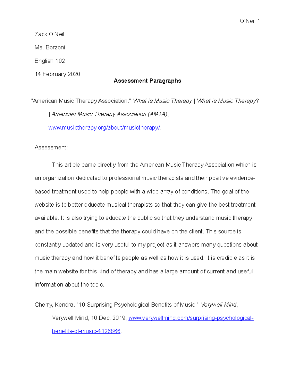 Assessment Paragraphs - Zack O’Neil Ms. Borzoni English 102 14 February ...