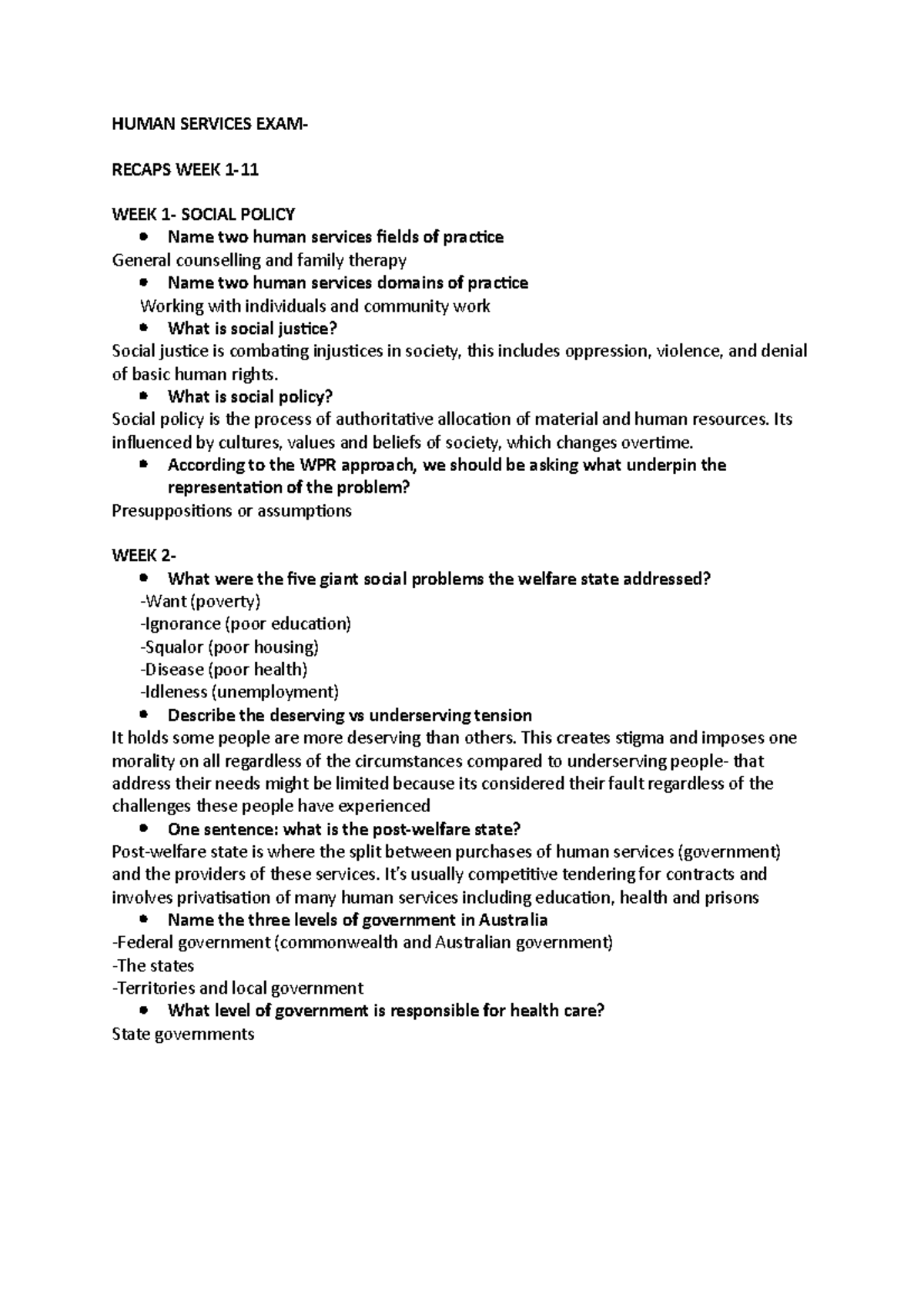 Human Services EXAM Study Notes Exam revision HUMAN SERVICES EXAM RECAPS WEEK 1 WEEK 1