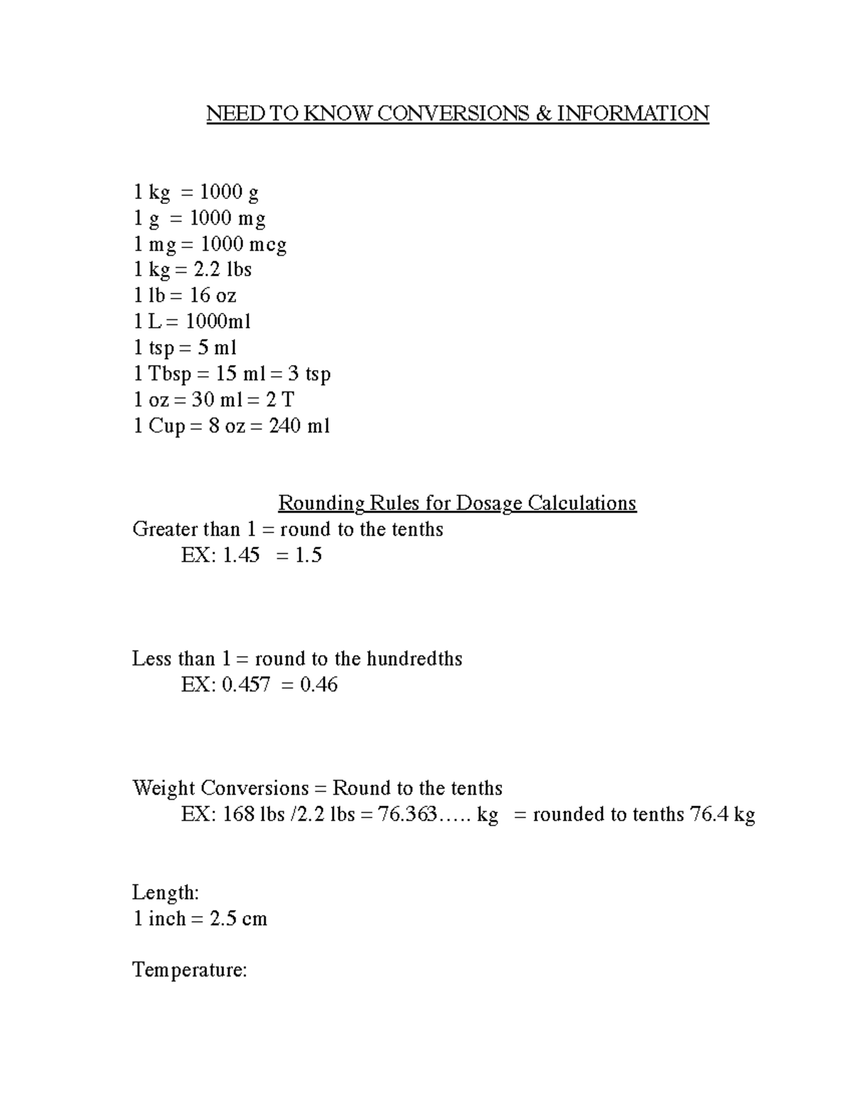 NEED TO KNOW Conversions - NUR 307 - NEED TO KNOW CONVERSIONS ...