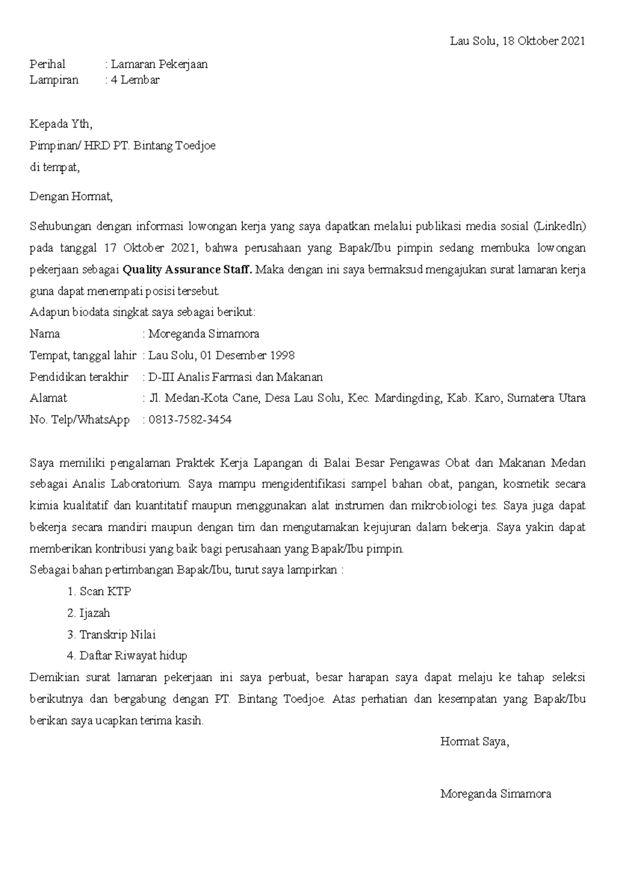 Lamaran dan CV PT. Bintang Toedjoe - Lau Solu, 18 Oktober 2021 Perihal