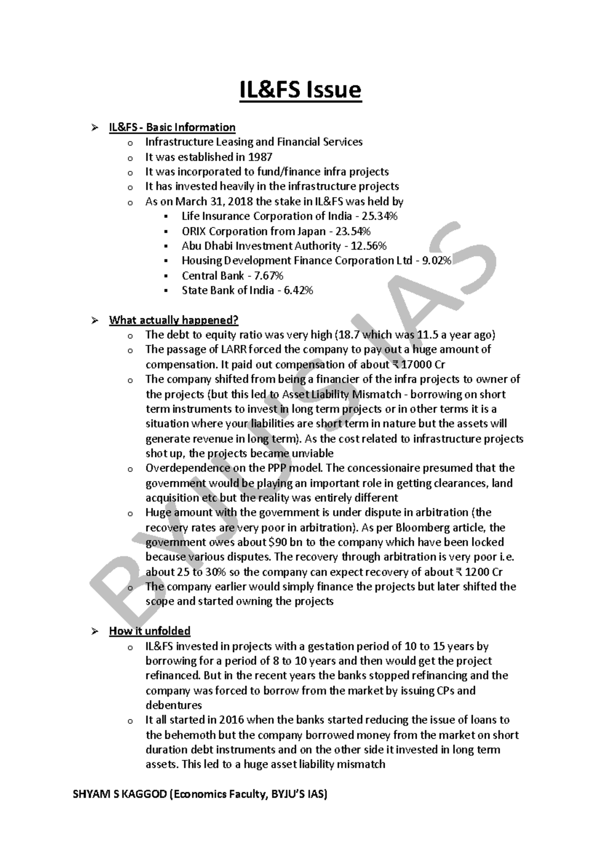 ILFS-notes 1 - Grade: B+ - IL&FS Issue IL&FS - Basic Information o ...