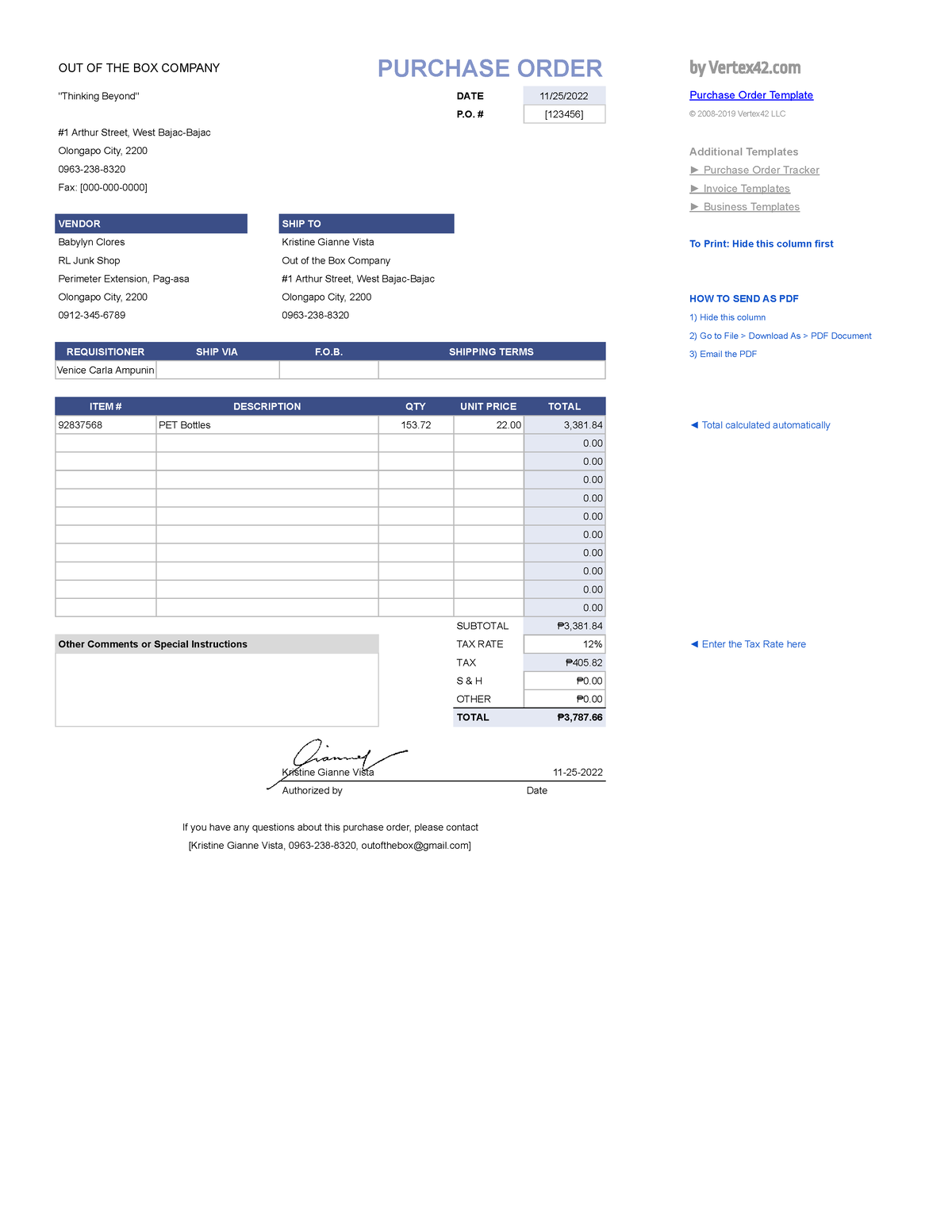 PO3 - Purchase Order - ADAFA - OUT OF THE BOX COMPANY PURCHASE ORDER by ...