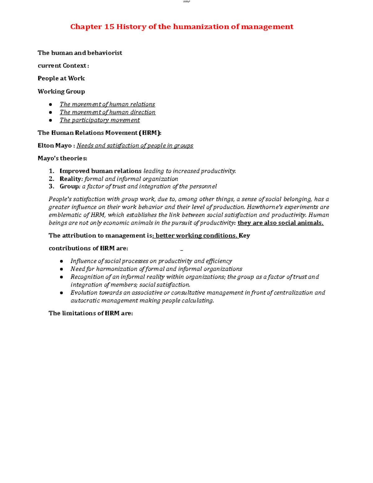 Chapter 15 History of the humanization of management - Chapter 15 ...