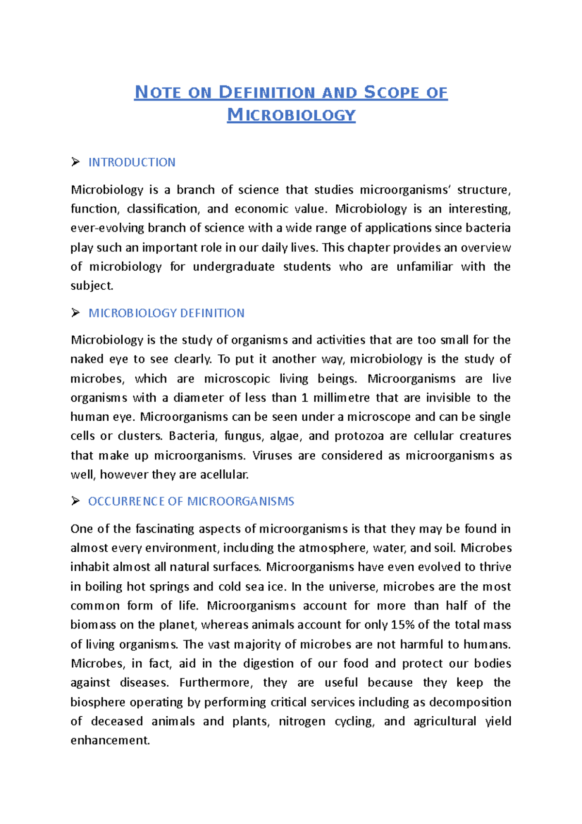 Note on definition and scope of microbiology - NOTE ON DEFINITION AND ...