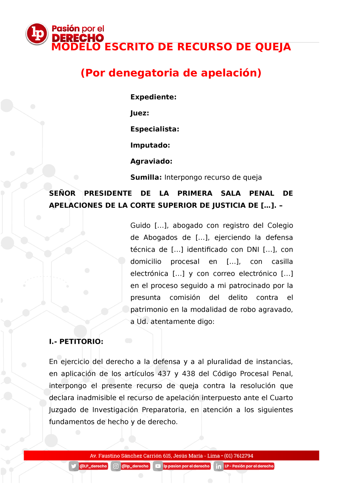 Modelo recurso de queja penal - MODELO ESCRITO DE RECURSO DE QUEJA (Por  denegatoria de apelación) - Studocu