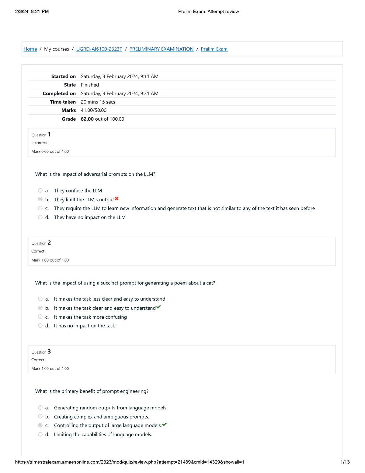 Prelim-Exam -Attempt-review - Home / My Courses / UGRD-AI6100-2323T ...