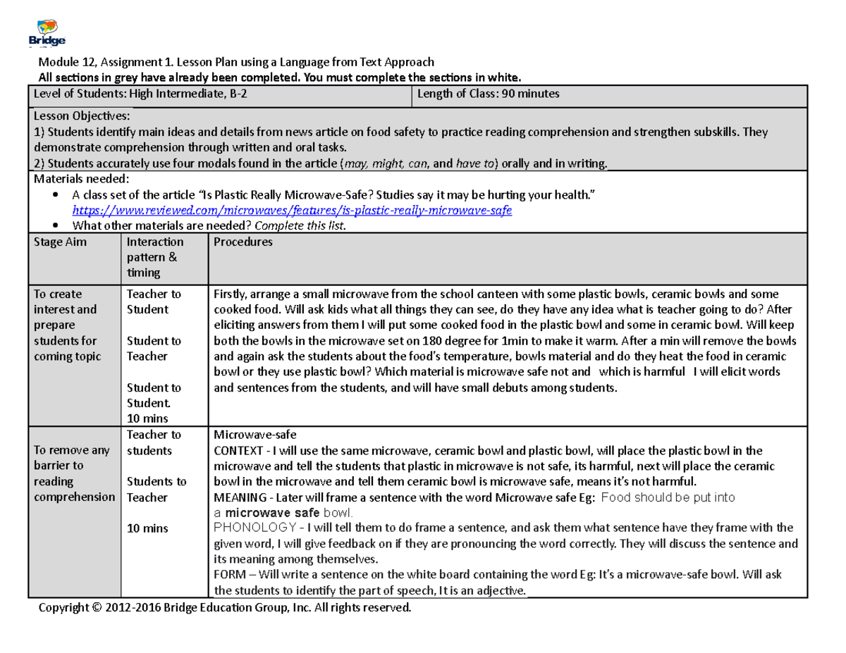 Module 12 Assignment 1 Lesson Plan - Module 12, Assignment 1. Lesson ...