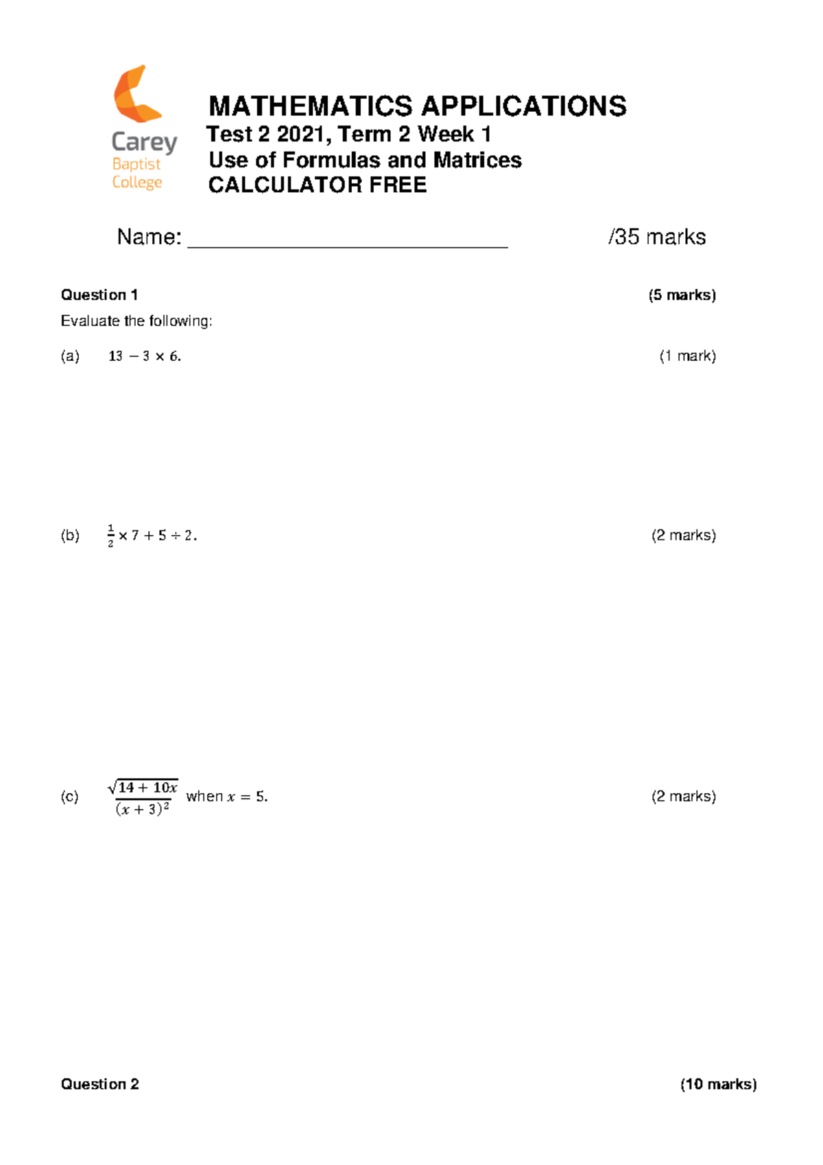 Test 2 Final Formulas and Matrices 2021 - MATHEMATICS APPLICATIONS Test ...