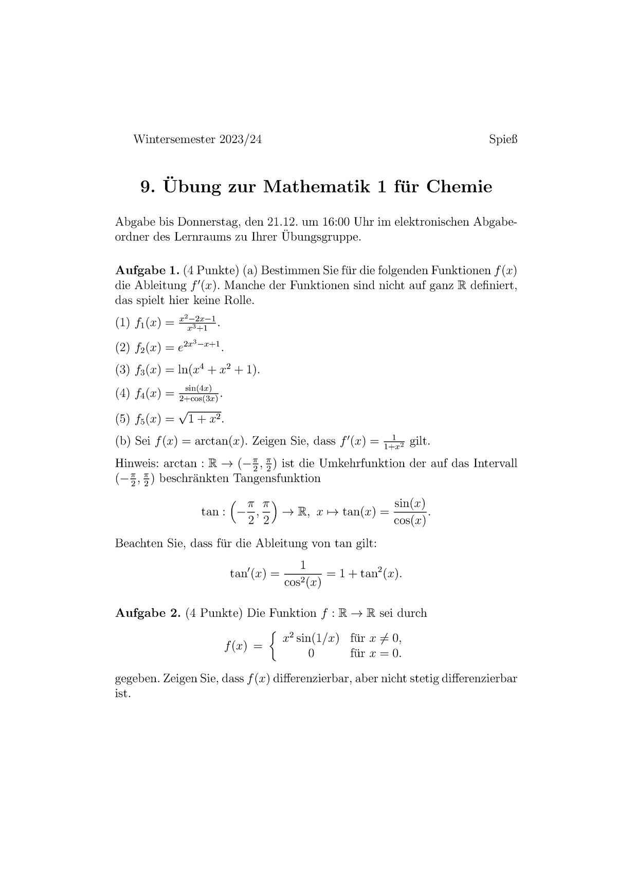 Übungsblatt 9 - WS 2023/2024 - Wintersemester 2023/24 Spieß 9. ̈Ubung ...