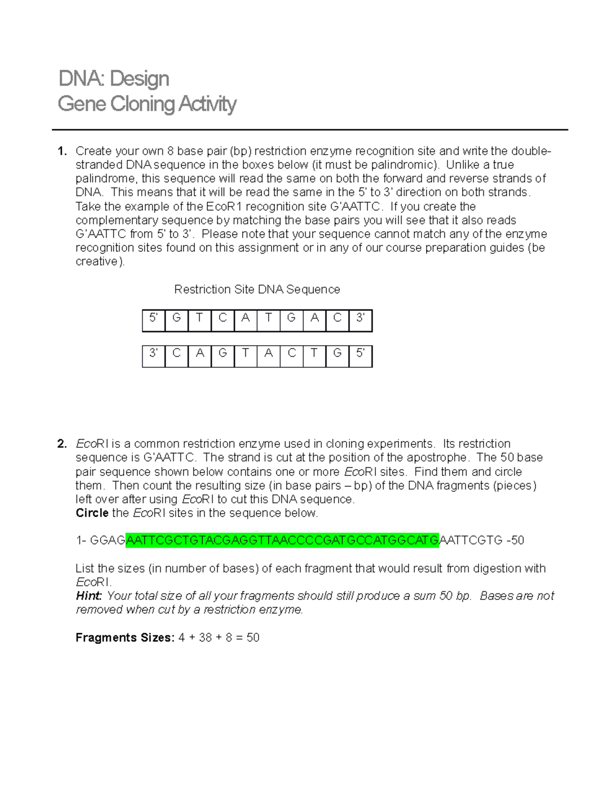 Fdsci 205 document Gene Cloning Activity DNA Design Gene Cloning