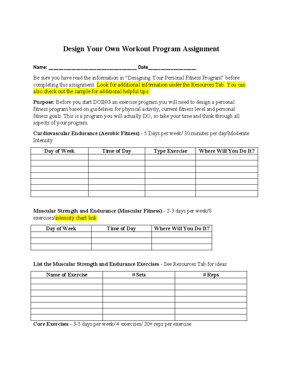 Design Your Own Workout Program Lab Design Your Own Workout Program