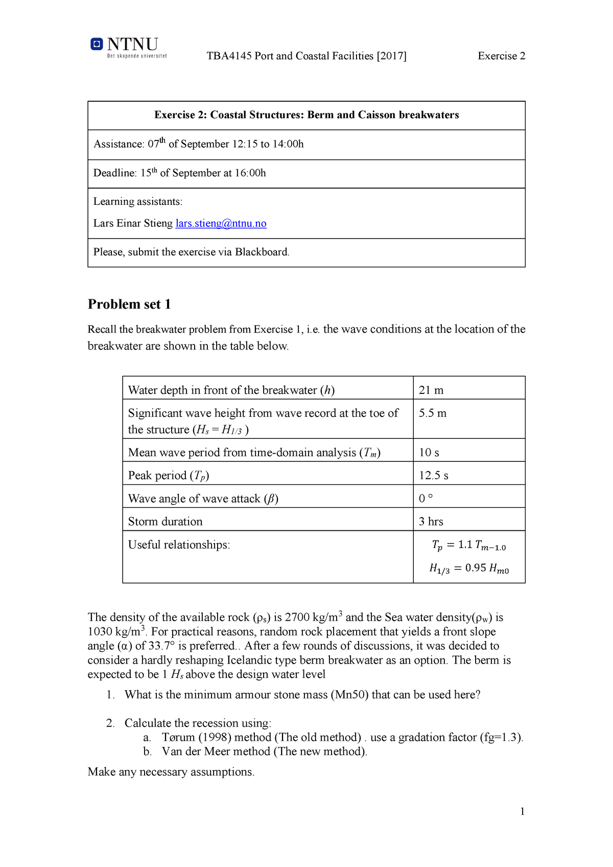 Exercise 2 Coastal Structures - TBA4145 Port And Coastal Facilities ...