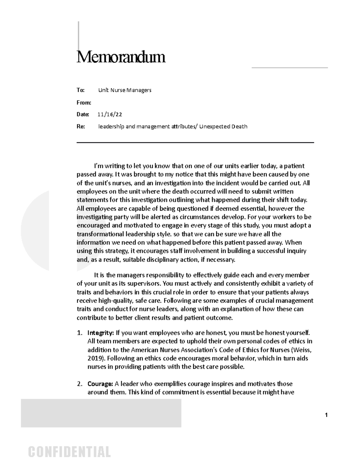 Leadership Memo 7622 Memorandum To Unit Nurse Managers From Date