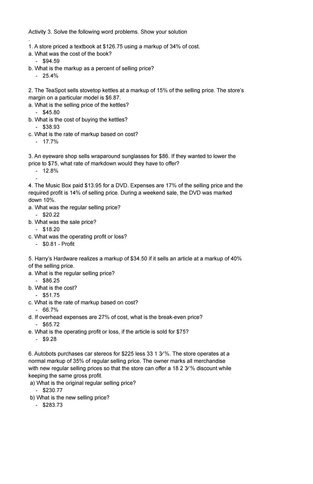 Activity 3 - Math - Activity 3. Solve the following word problems. Show ...