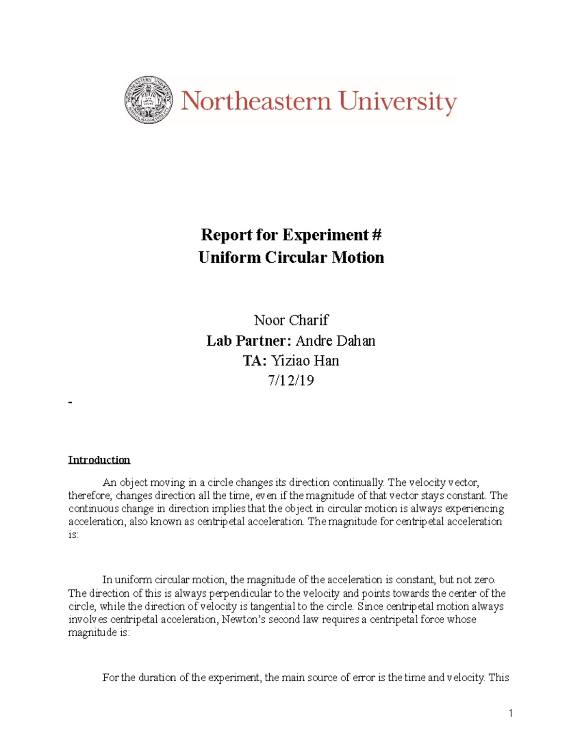 Report for Experiment #5 - Report for Experiment Uniform Circular ...