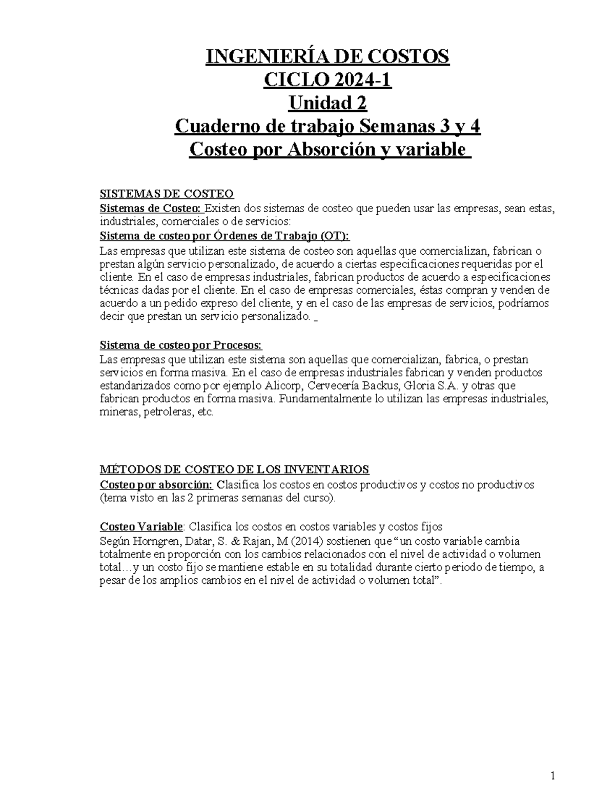 IC Cuaderno DE Trabajo Semanas 3 y 4 2024 - INGENIERÍA DE COSTOS CICLO ...