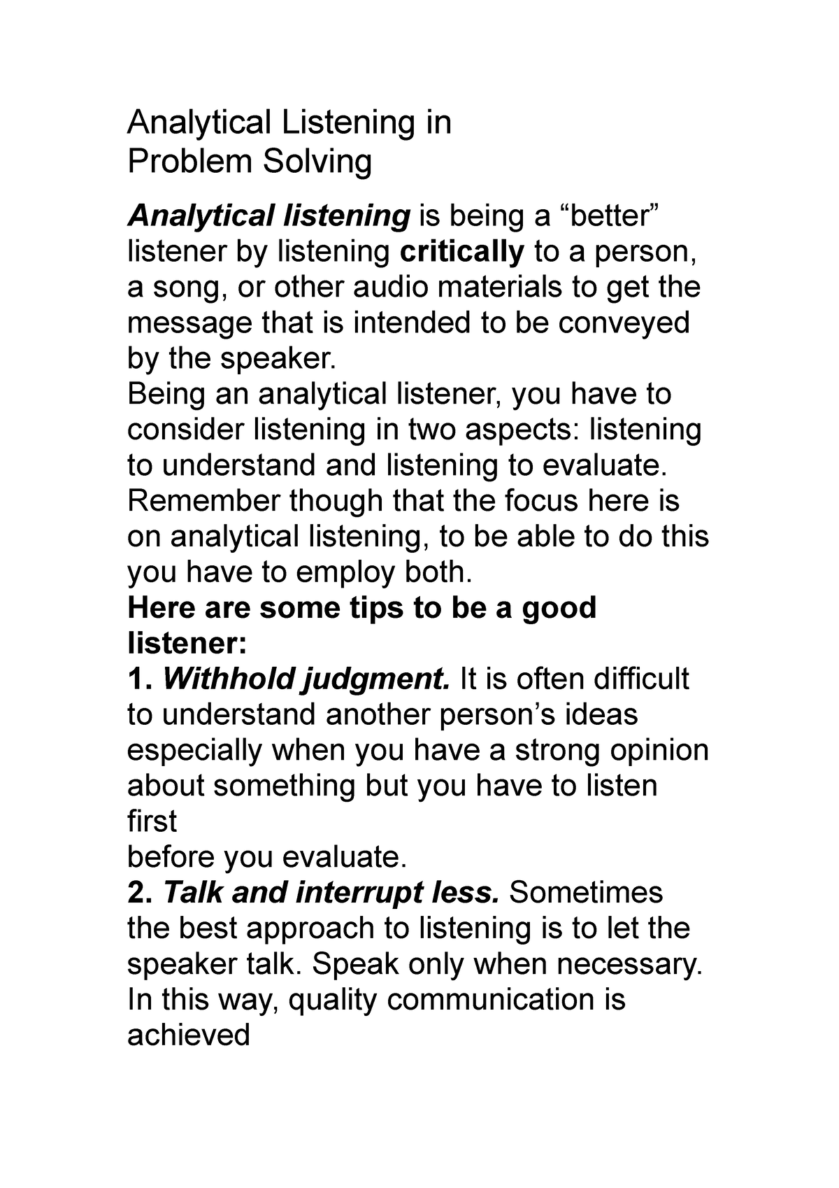 lesson plan on employ analytical listening in problem solving