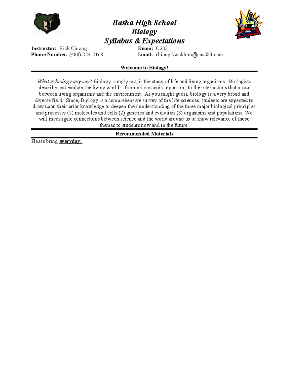 Biology Syllabus 2018-2019 - Basha High School Biology Syllabus ...
