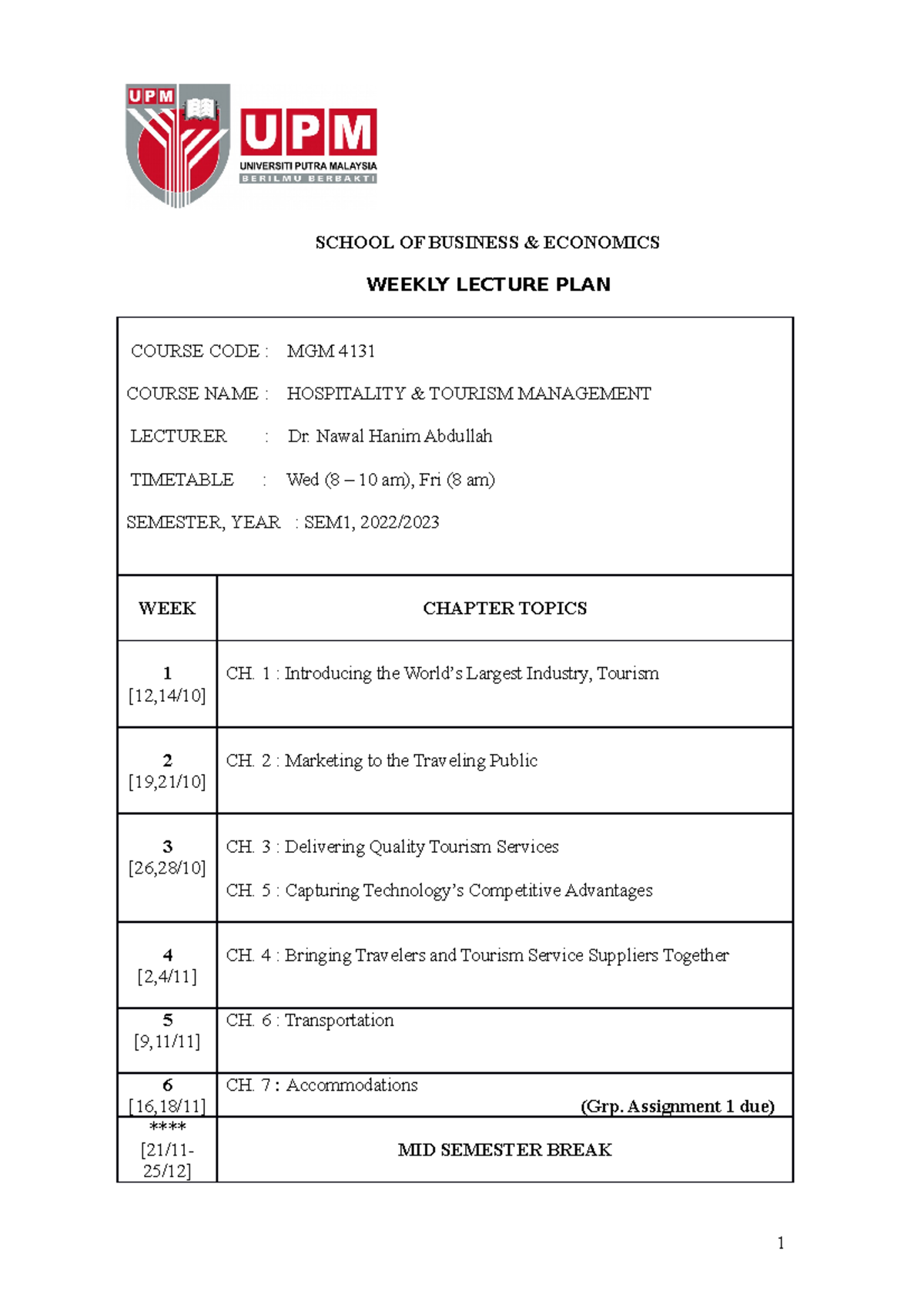 MGM 4131 - Weekly Lecture Plan - SCHOOL OF BUSINESS & ECONOMICS WEEKLY ...