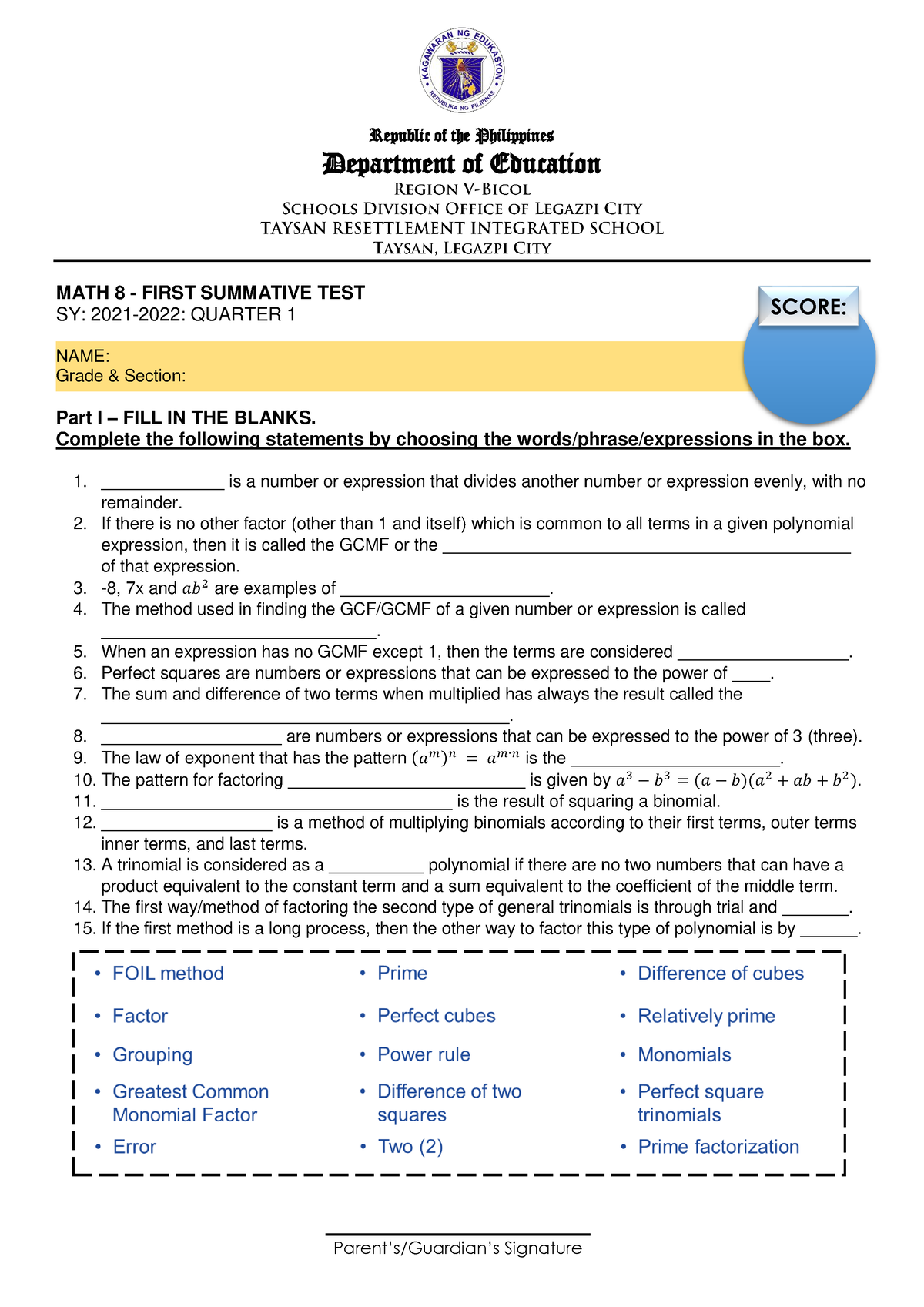 Summative Test 1 - Math8 Q1 - Republic Of The Philippines Department Of ...