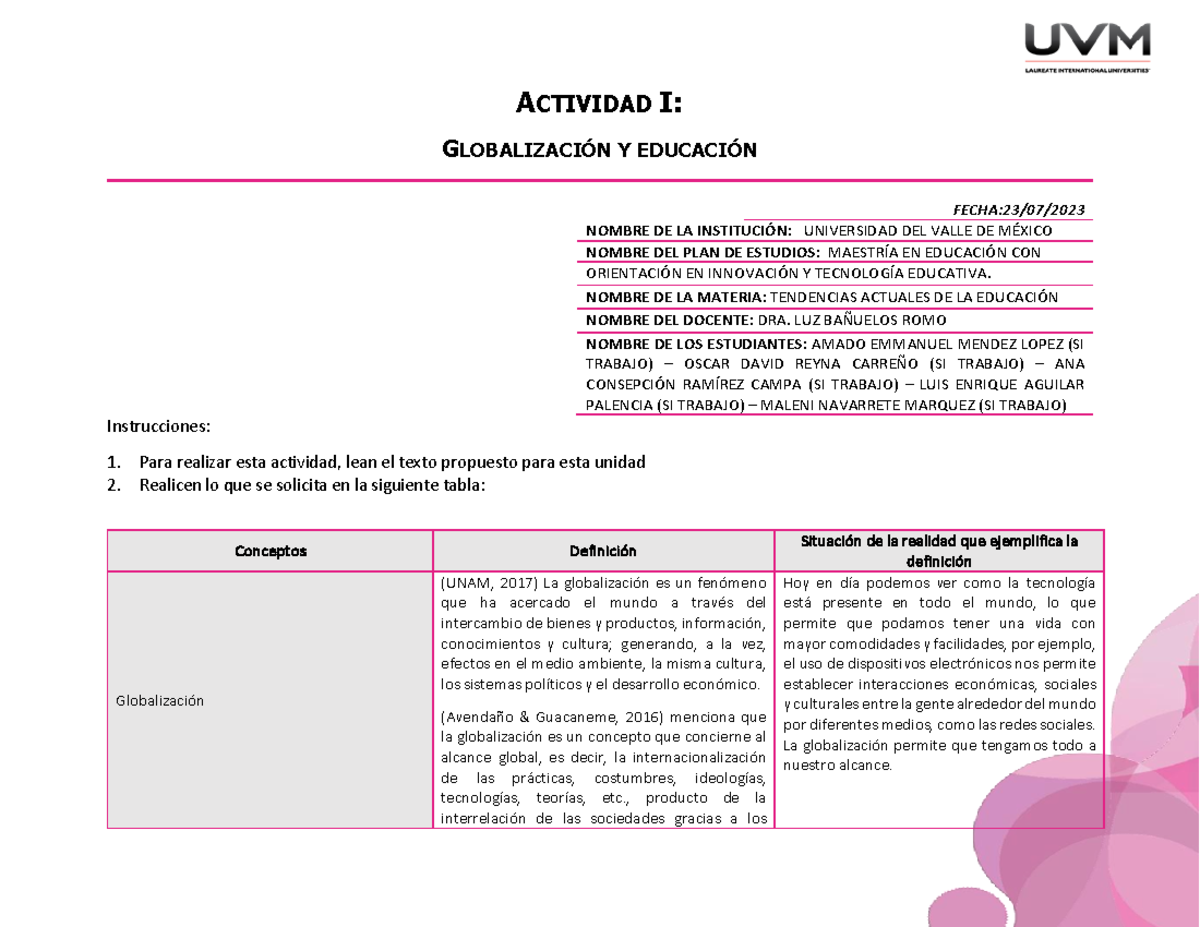A#1 ACRC - tarea - GLOBALIZACI”N Y EDUCACI”N FECHA:23/07/ NOMBRE DE LA ...