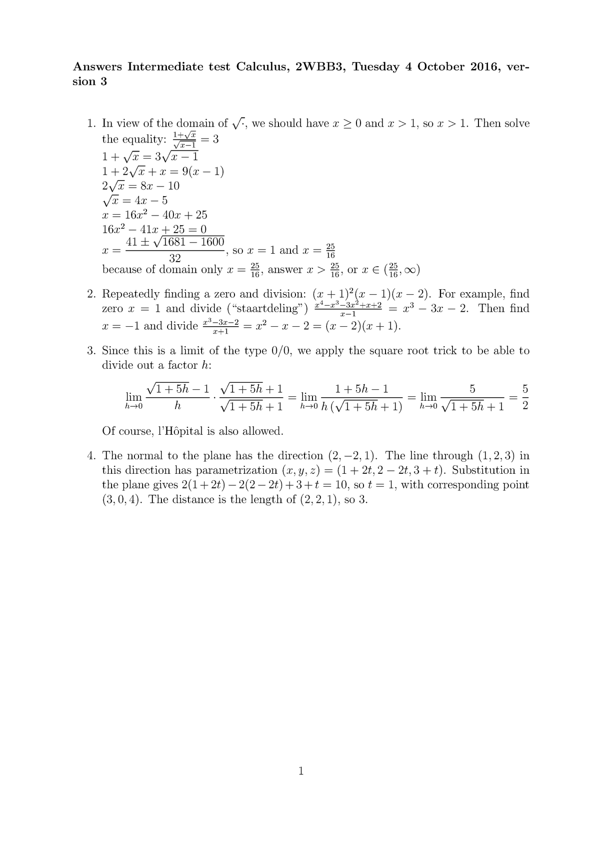 2WBB3 2016 1004 C Answers - Answers Intermediate Test Calculus, 2WBB3 ...