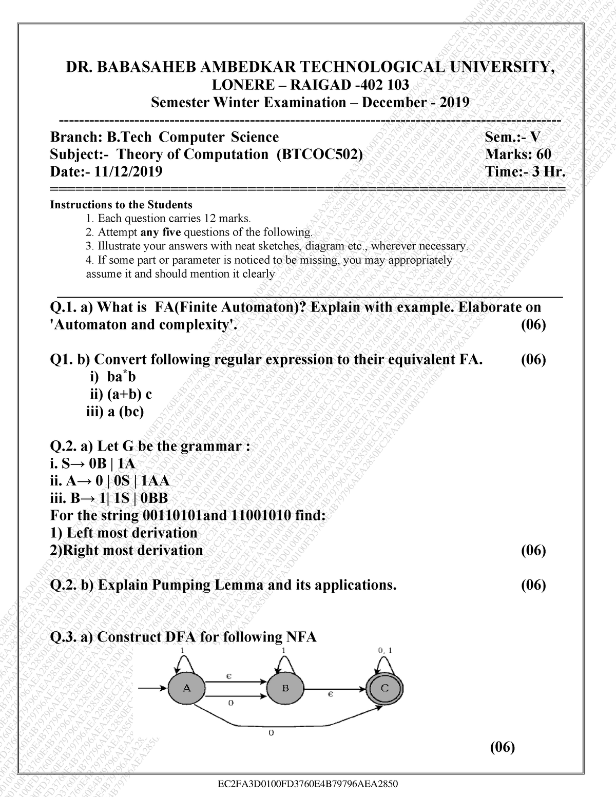 Btech Cs 5 Sem Theory Of Computation Btcoc 502 Dec 2019 - DR. BABASAHEB ...