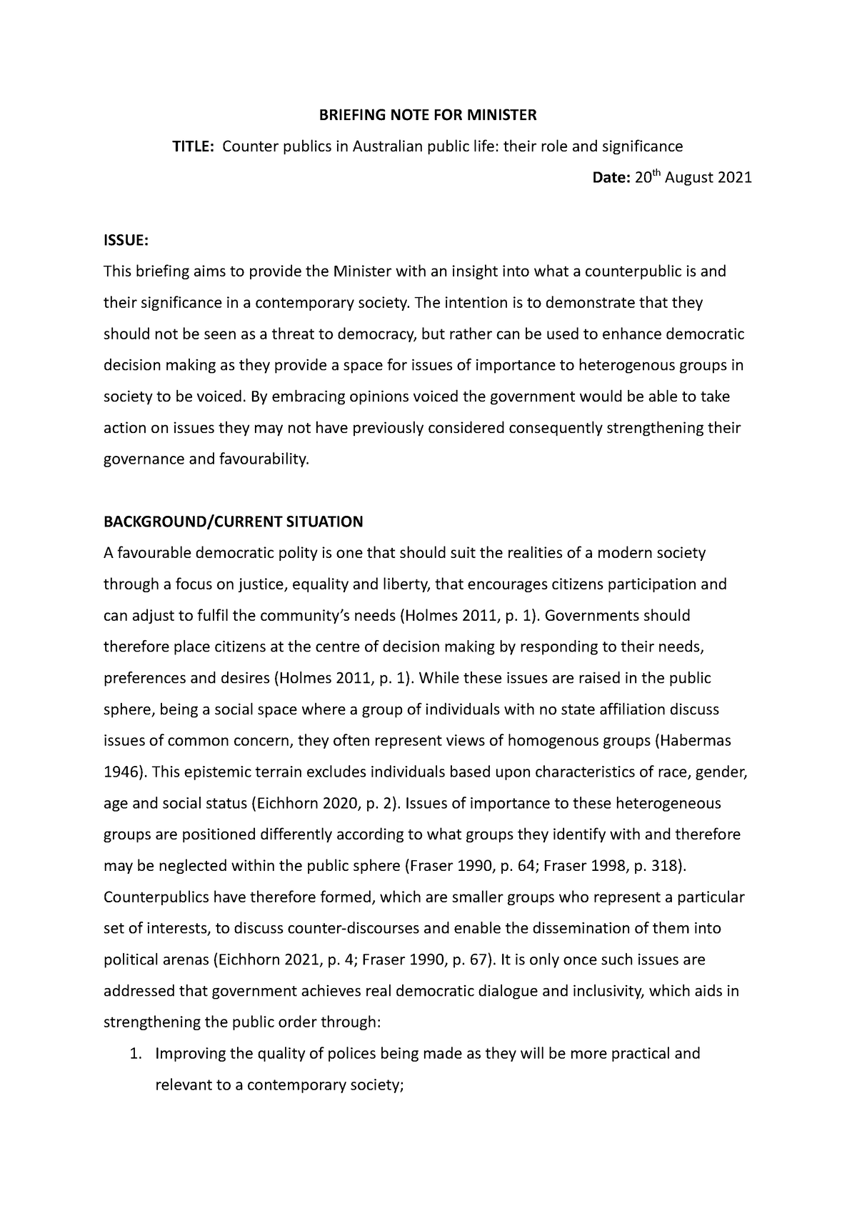 POL204 Assessment 2 - Briefing Note - BRIEFING NOTE FOR MINISTER TITLE ...