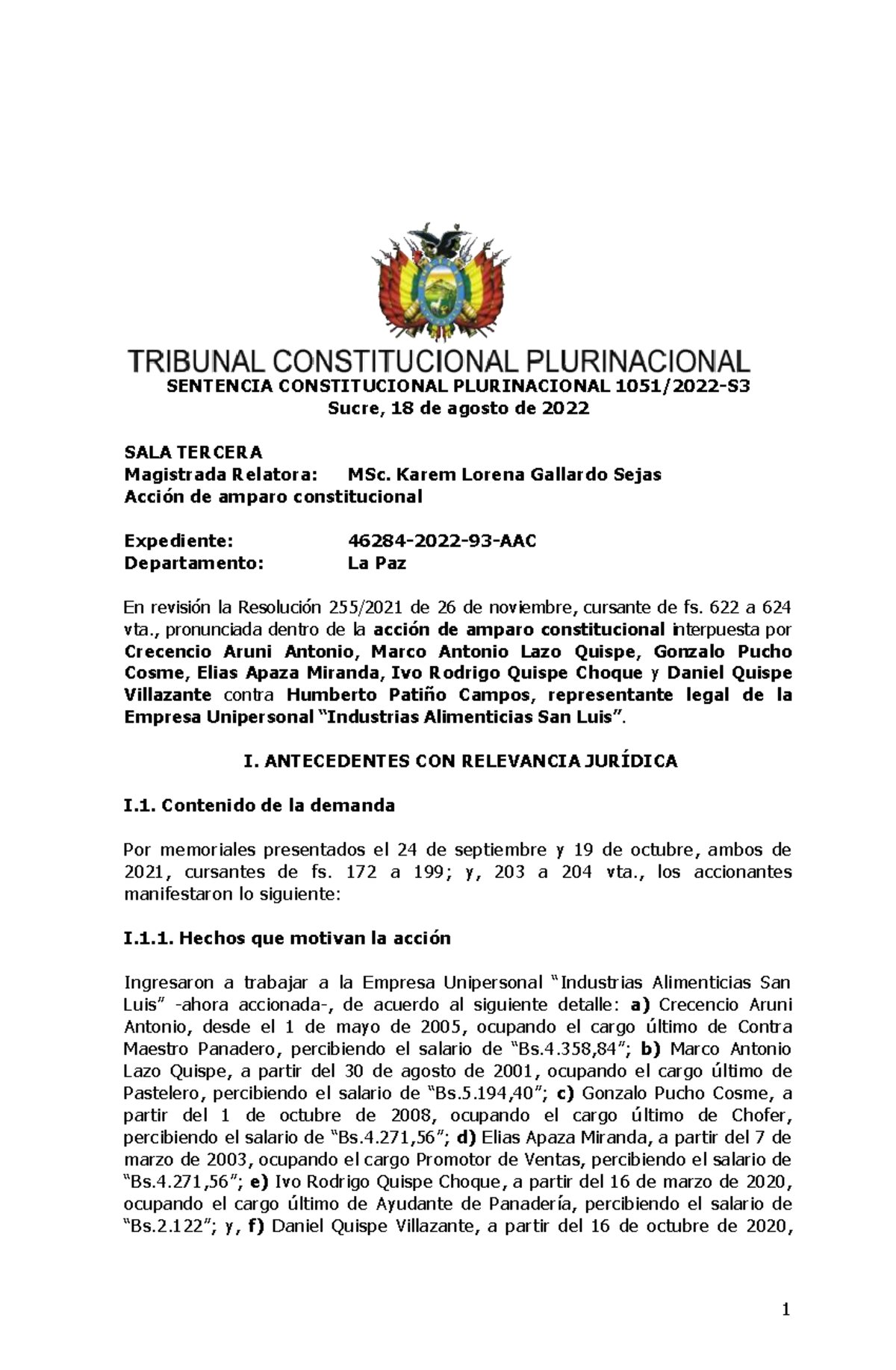 Sentencia 1051 2022-S3 - SENTENCIA CONSTITUCIONAL PLURINACIONAL 1051/