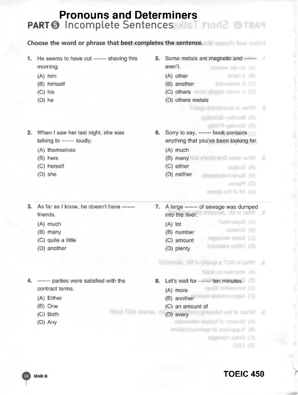 Pronouns AND Determiners MINI TEST - PART0 Incomplete Sentences Choose ...