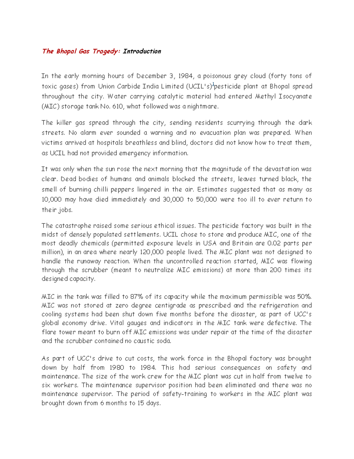 Bhopal Gas Tragedy Intro The Bhopal Gas Tragedy Introduction In the