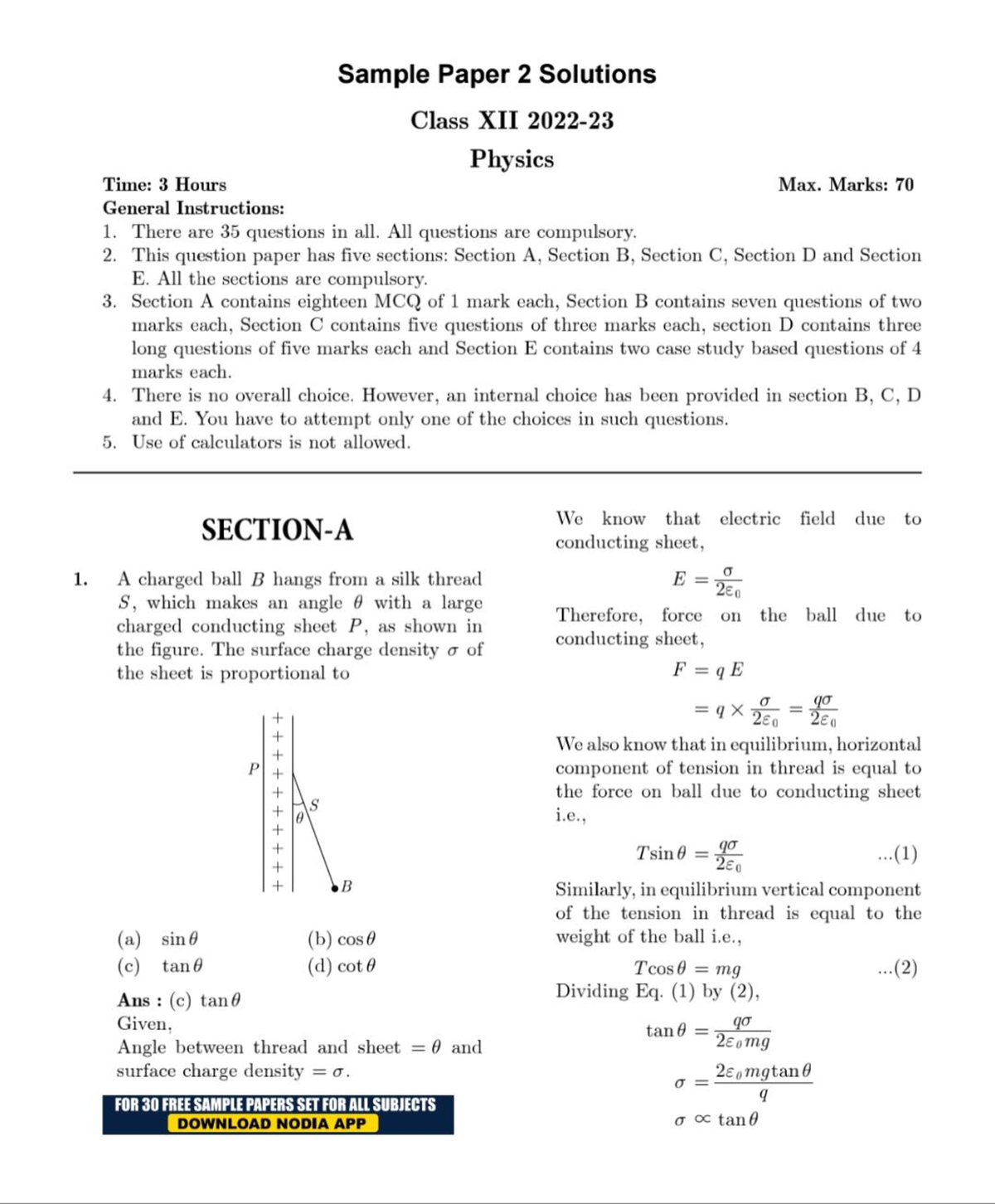 Physics SP - 2 Solutions - Sample Paper 2 Solutions Class XII 2022 ...