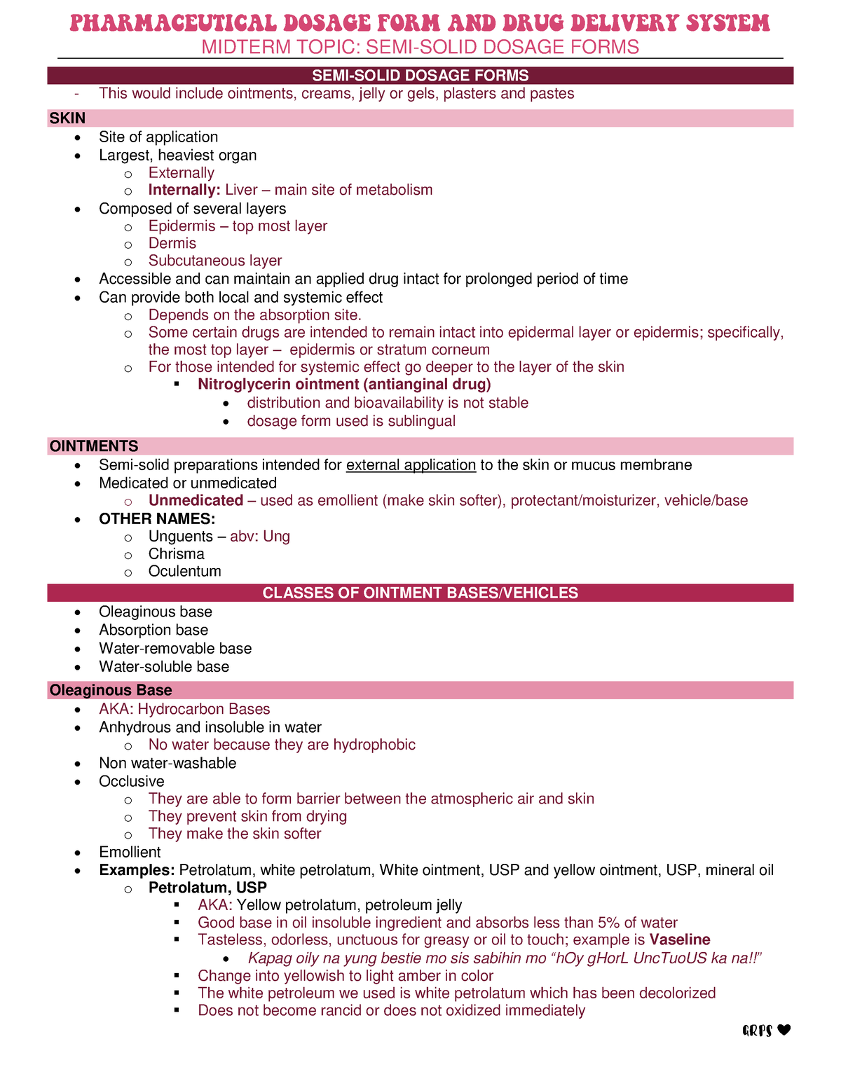 PDDS LEC Reviewer Midterm - GRPS ️ SEMI-SOLID DOSAGE FORMS - This would ...