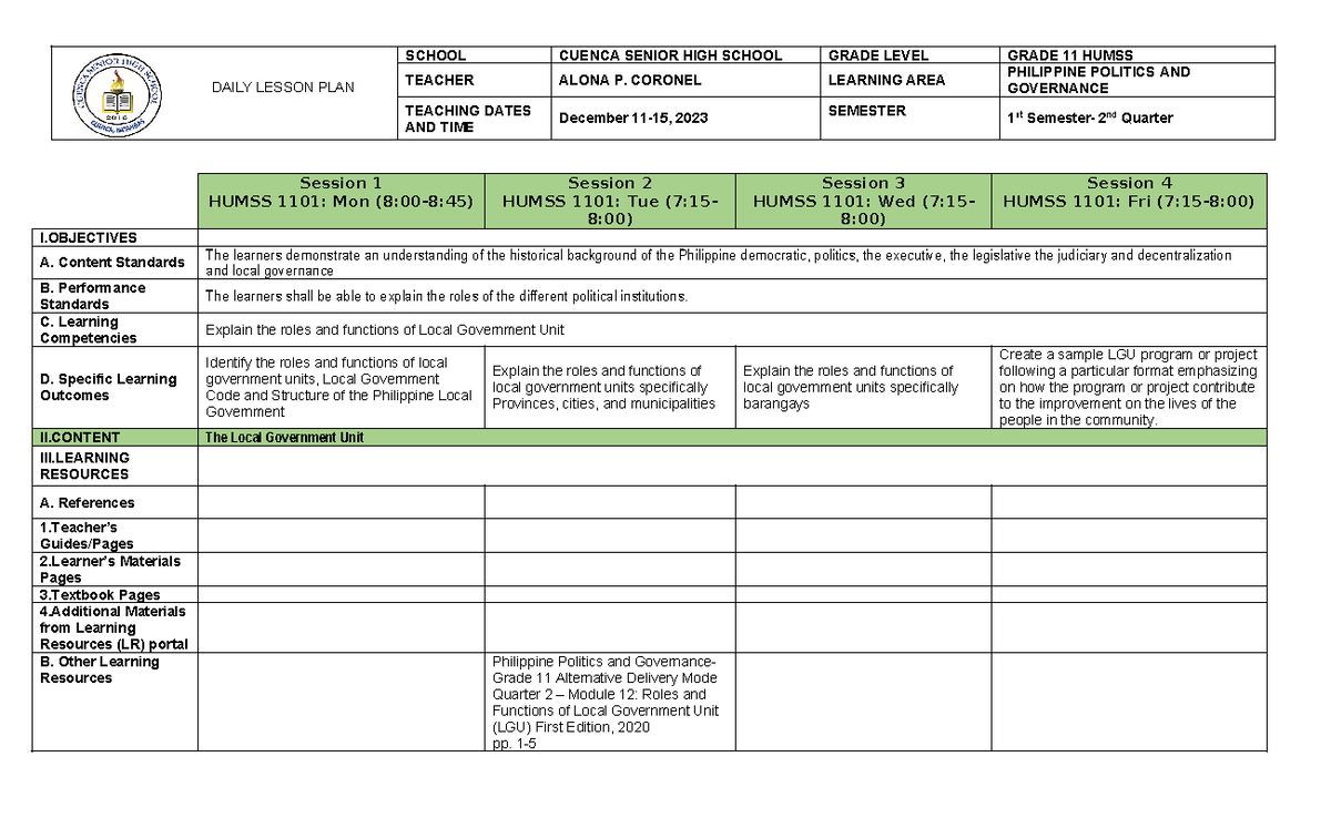 PPG DLL Q2 Week4 - DAILY LESSON PLAN SCHOOL CUENCA SENIOR HIGH SCHOOL ...