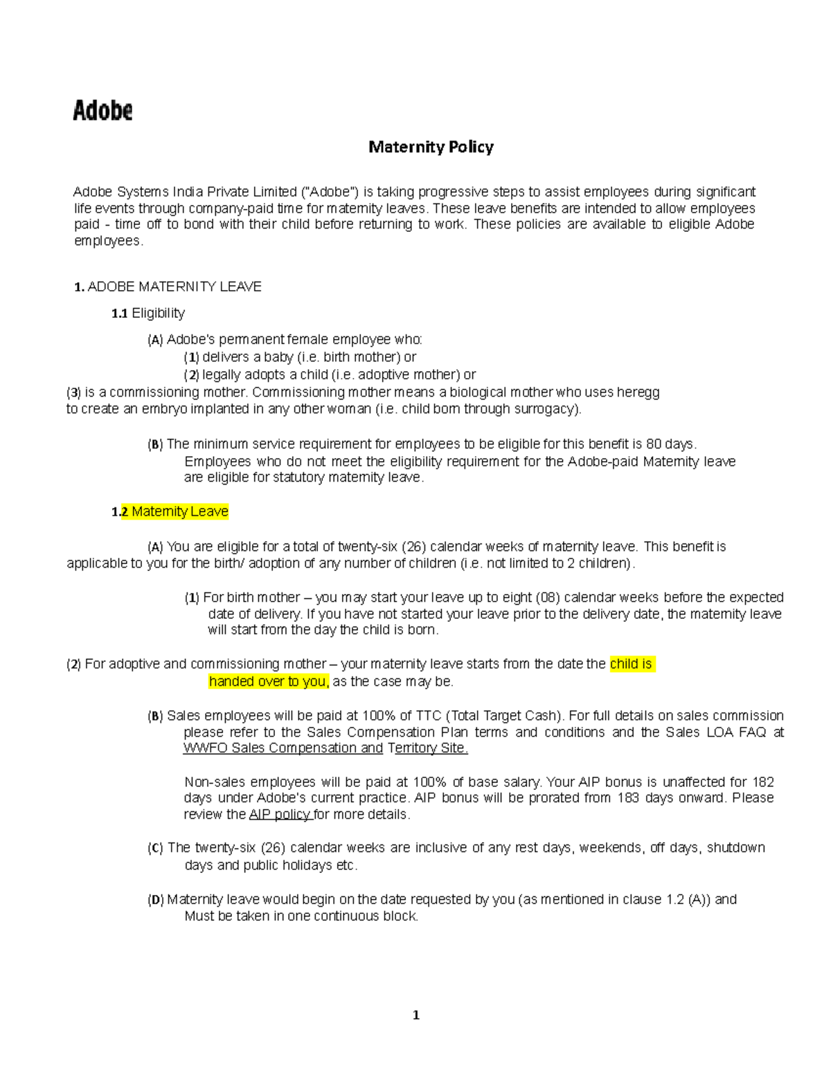 Maternity Leave PolicyNishvitha Maternity Policy Adobe Systems India