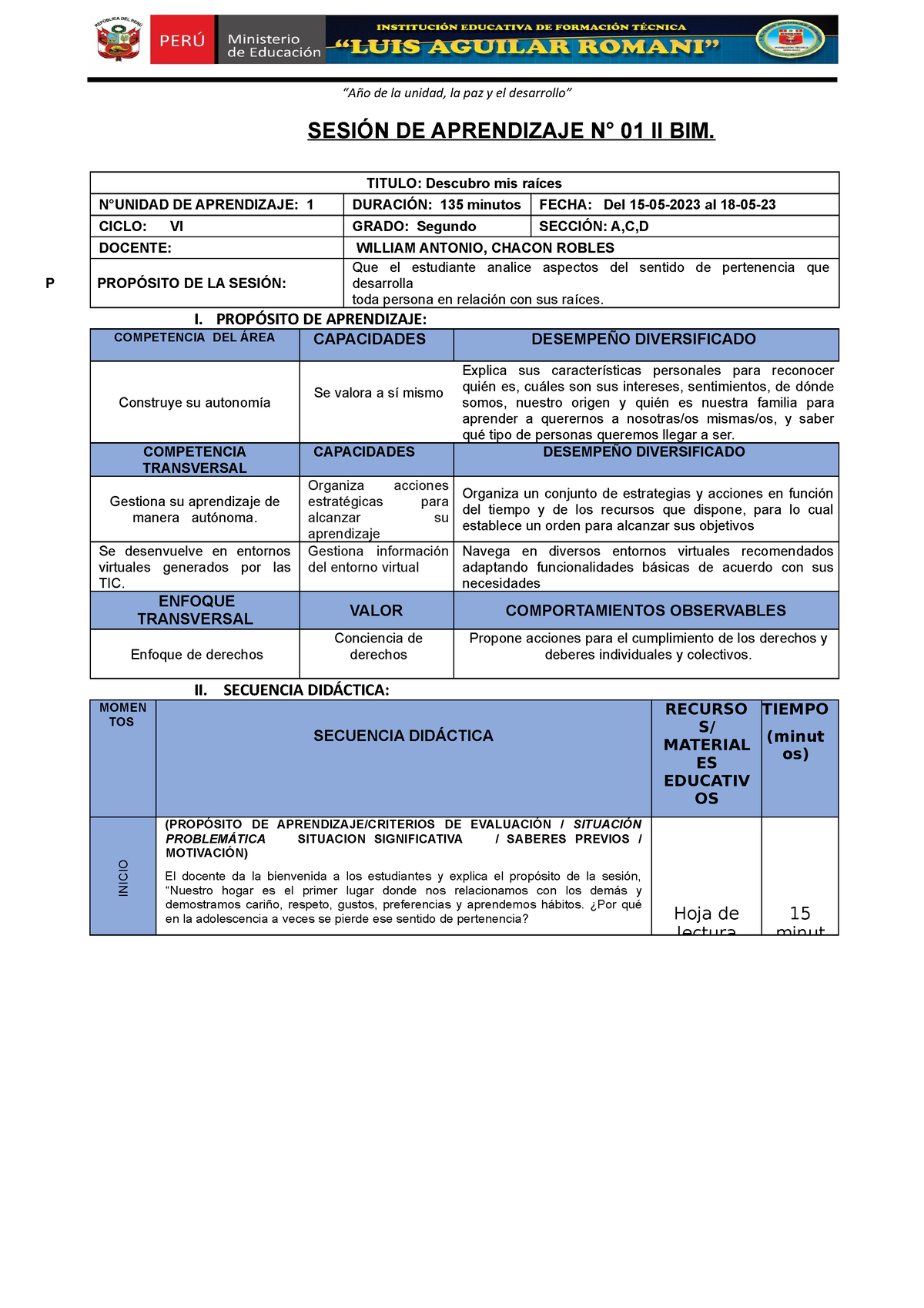 Sesión De Aprendizaje N° 01 Ii Bim Año De La Unidad La Paz Y El