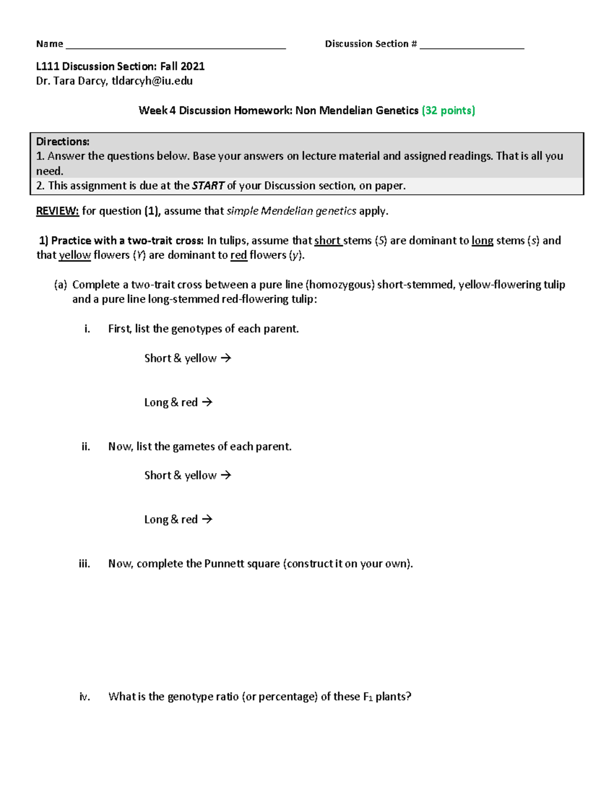 Week 4 Discussion Homework Non Mendelian Genetics - Name