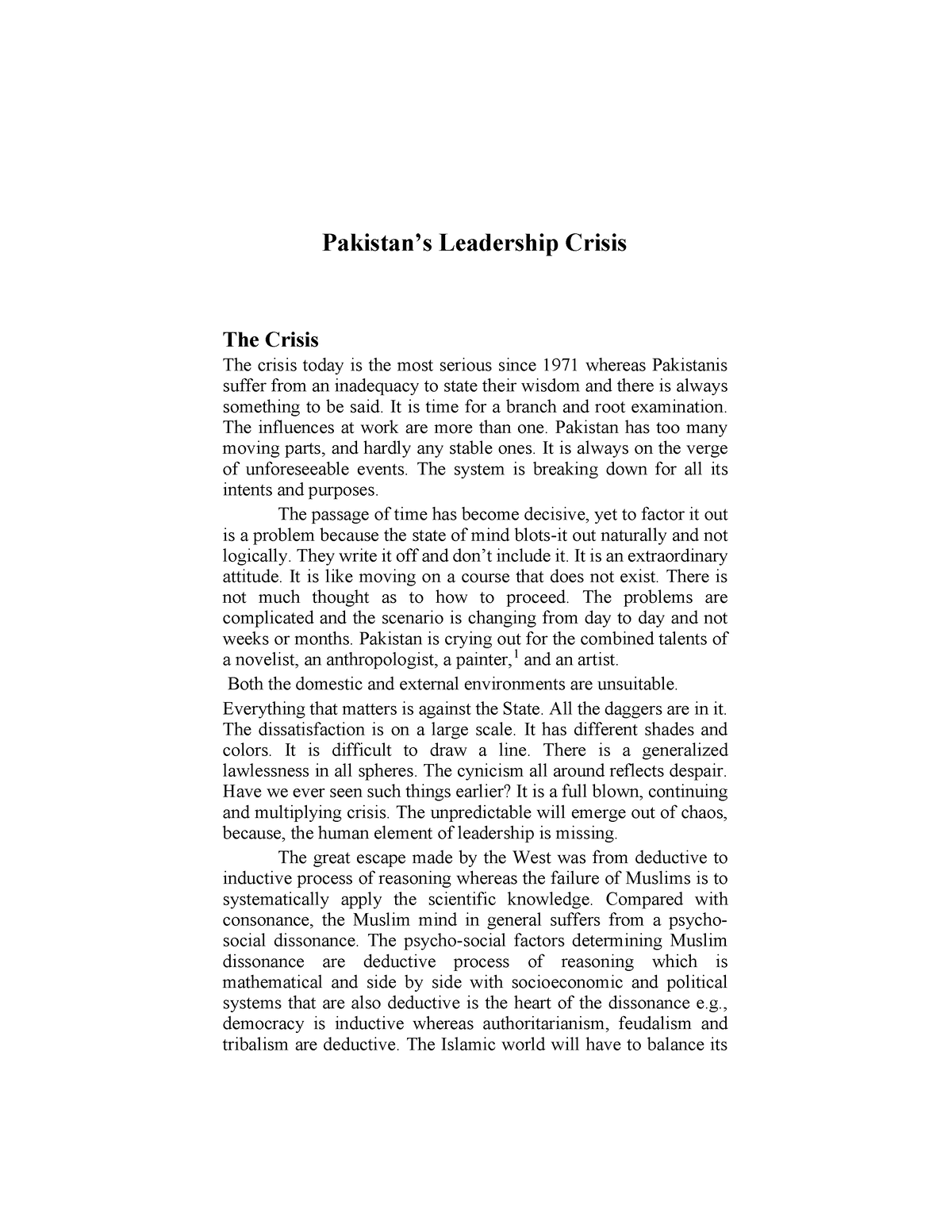 leadership crisis in pakistan essay