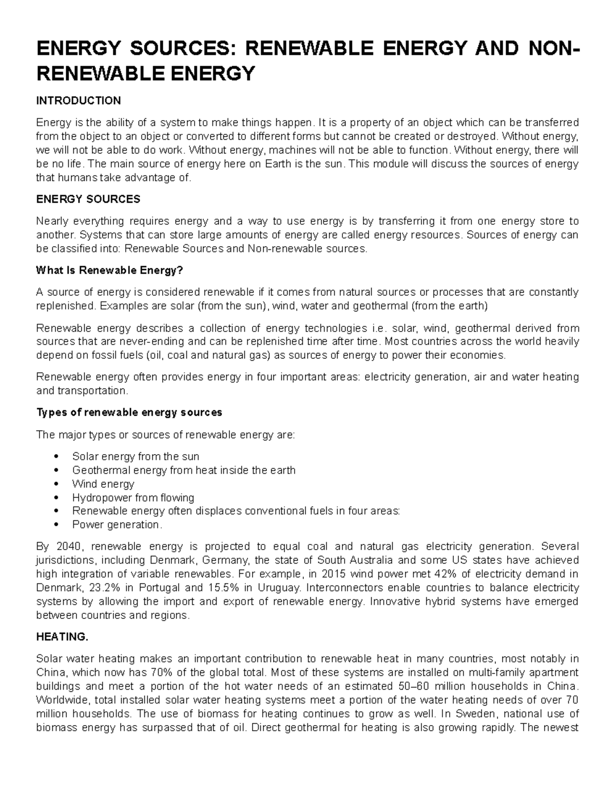 Energy Sources - ENERGY SOURCES: RENEWABLE ENERGY AND NON- RENEWABLE ...