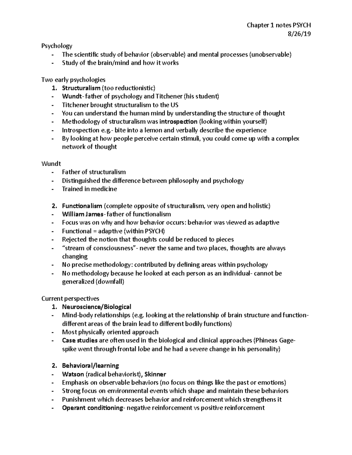 Chapter 1 notes - Chapter 1 notes PSYCH 8/26/ Psychology - The ...