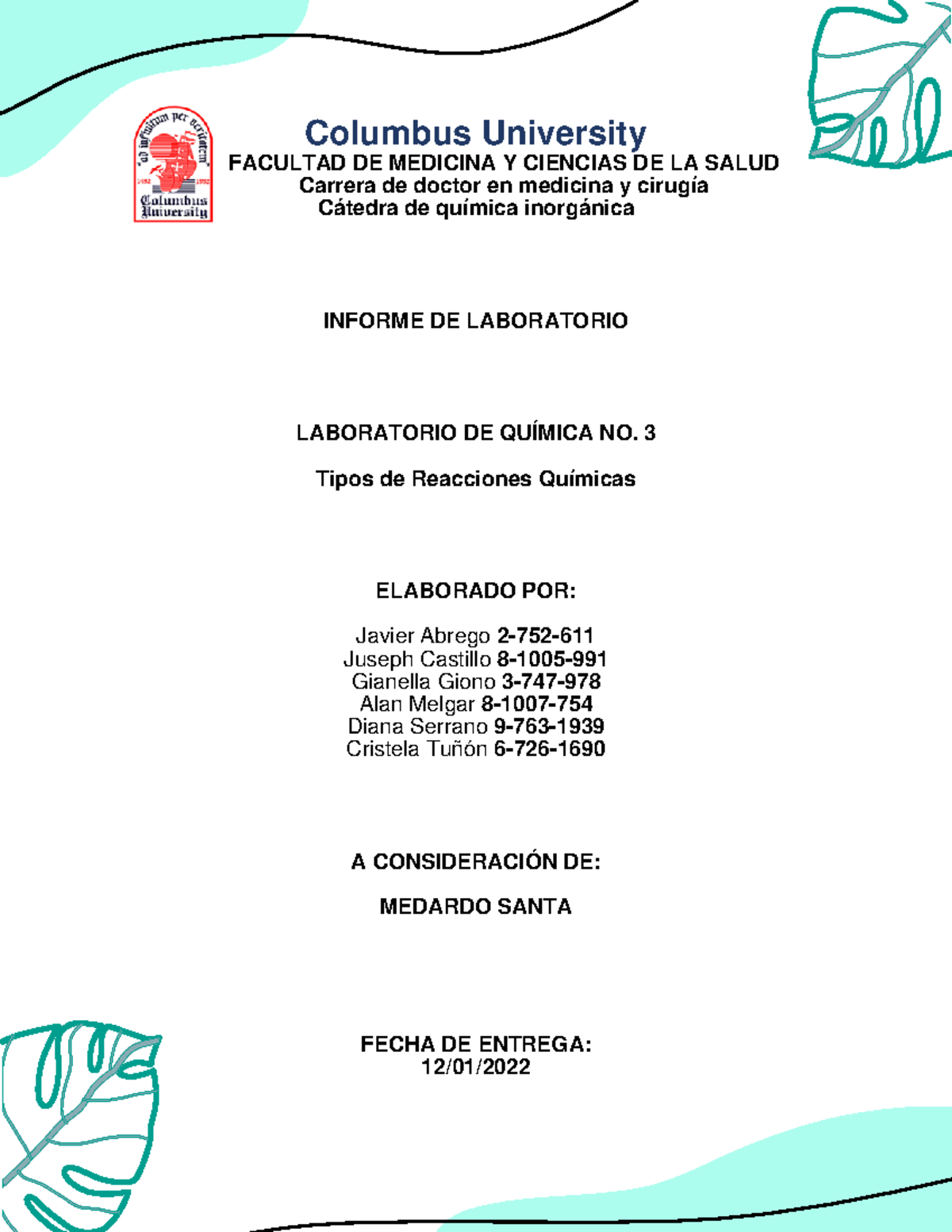 03 ACT LAB Reacciones químicas - Columbus University FACULTAD DE ...