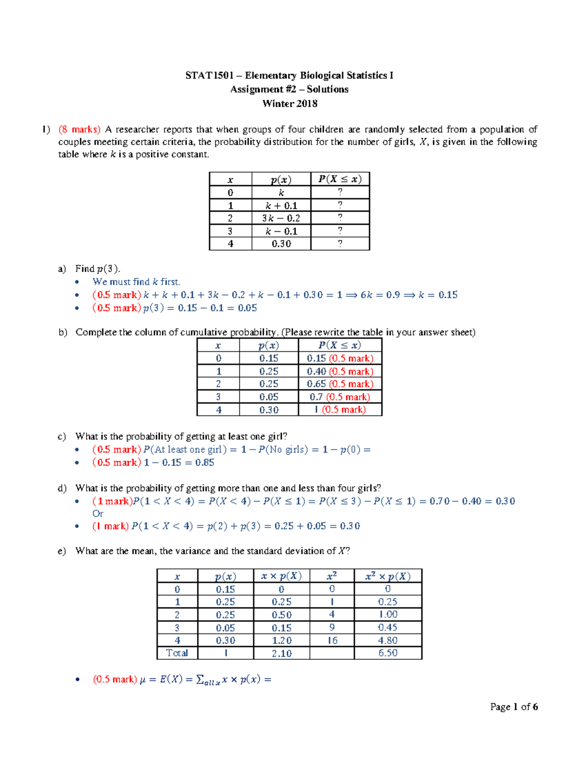 STAT1501 Assignment 2 Solutions W18 - STAT1501 – Elementary Biological ...