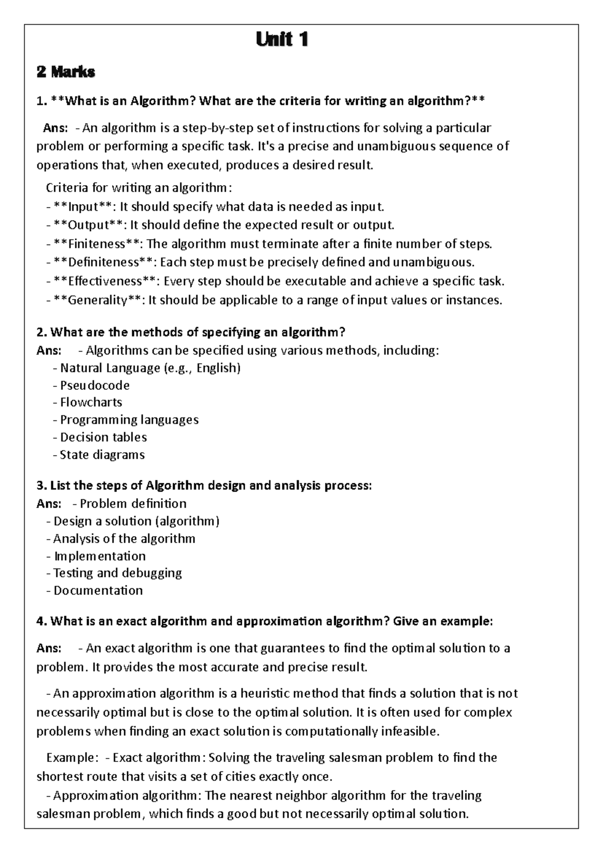 Algorithm U1 Answer Key - Unit 1 2 Marks What is an Algorithm? What are ...
