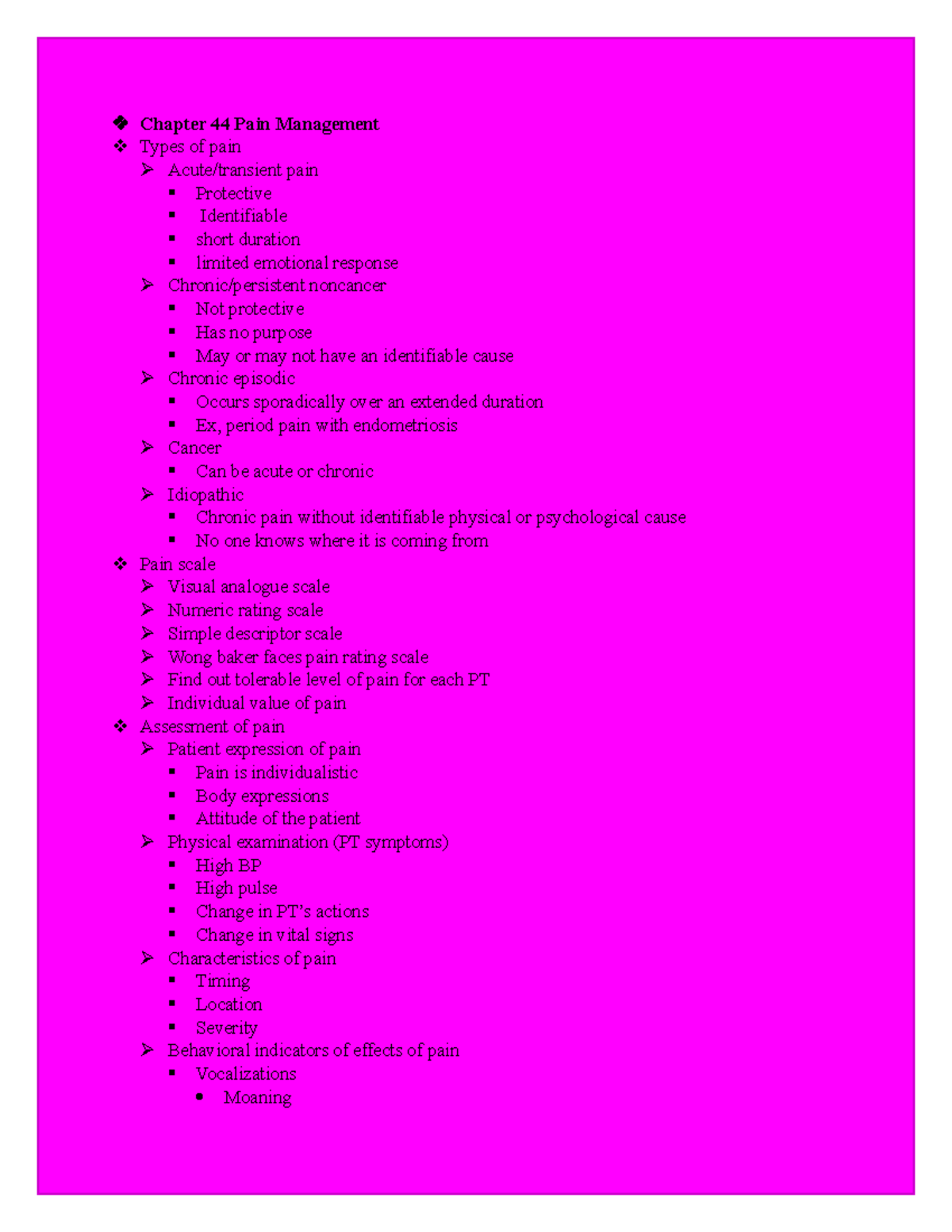 Exam 4 study guide - Lecture notes exam 4 - Chapter 44 Pain Management ...